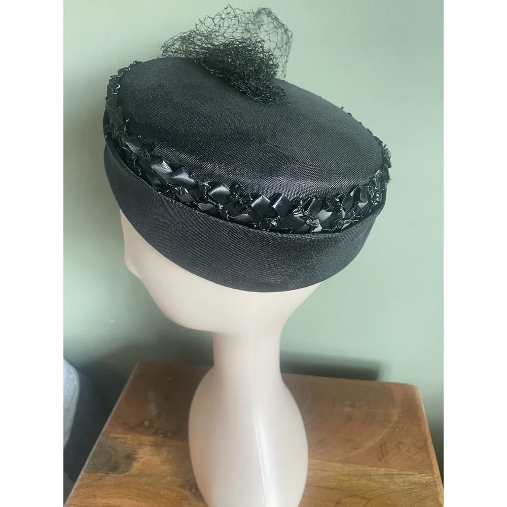 Vintage 1960's Black Pillbox Hat w/ Net Veil Ribbon Trim Union Made Cocktail